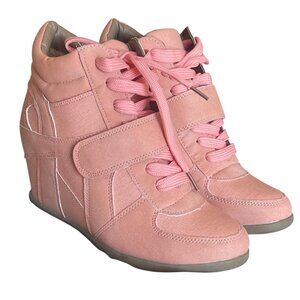 Blush Wedge Sneakers – Suede & Canvas • Velcro Strap • High-Top • Hidden Wedge